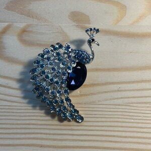 Silver & Blue Peacock Brooch Pin Rhinestones & Oval Gemstone